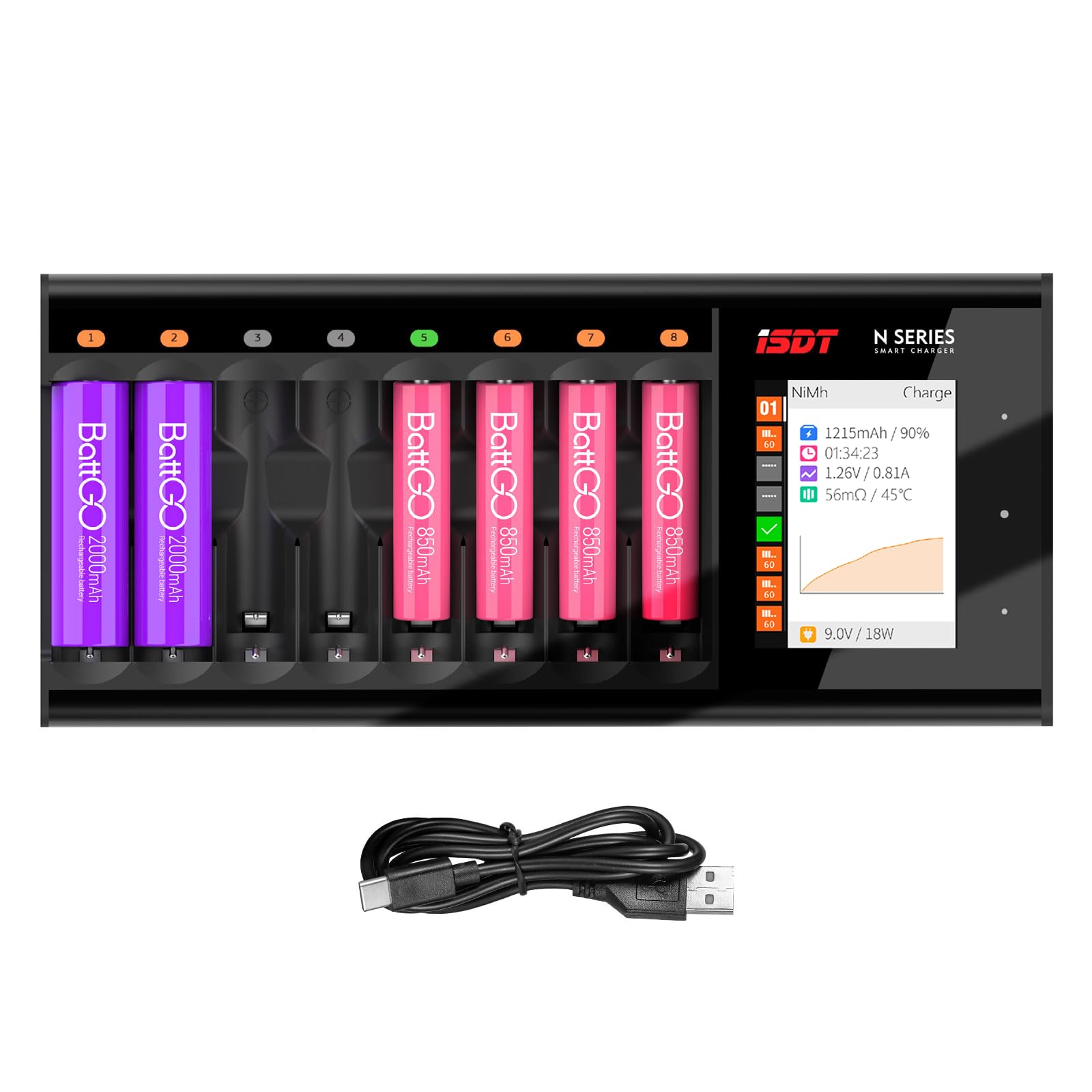 ISDT Cargador de batería inteligente N8, identificación automática del tipo de batería, compatible con baterías cilíndricas AA/AAA Li-Ion/LiHv/LiFe/NiMH/NiCd/NiZn, interfaz de operación multifunción