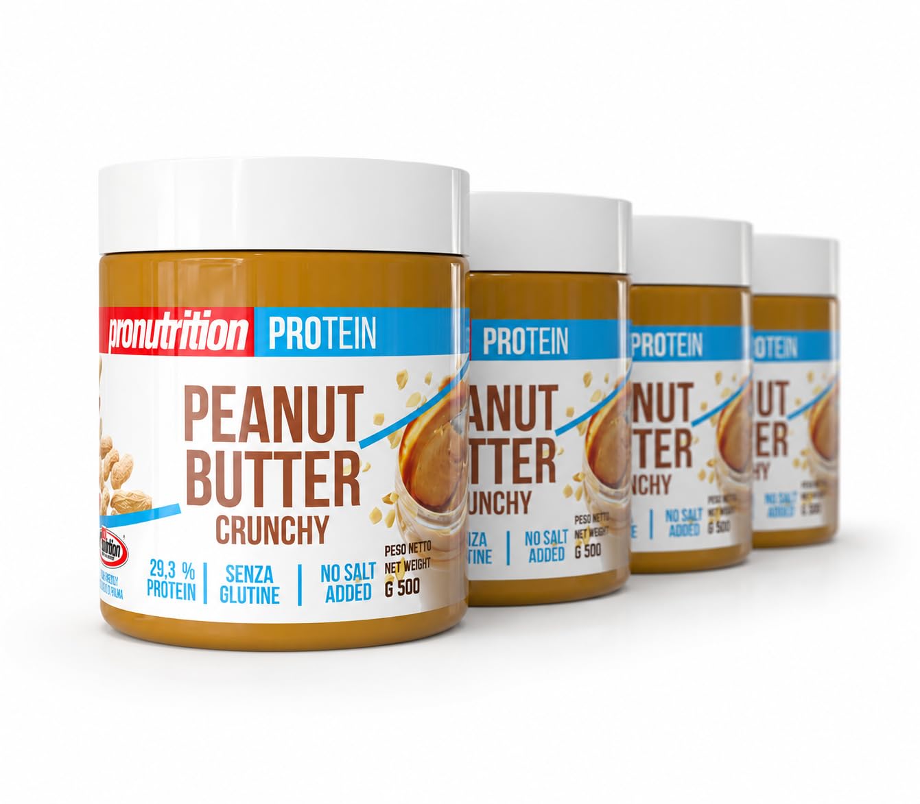 PRO NUTRITION PEANUT BUTTER CRUNCHY da 500 Gr - Crema di arachidi 100% naturale, alto contenuto proteico 0 zuccheri, 0 olio e sale aggiunti, Senza Glutine e Lattosio (Box da 4 Pezzi da 500 Gr)