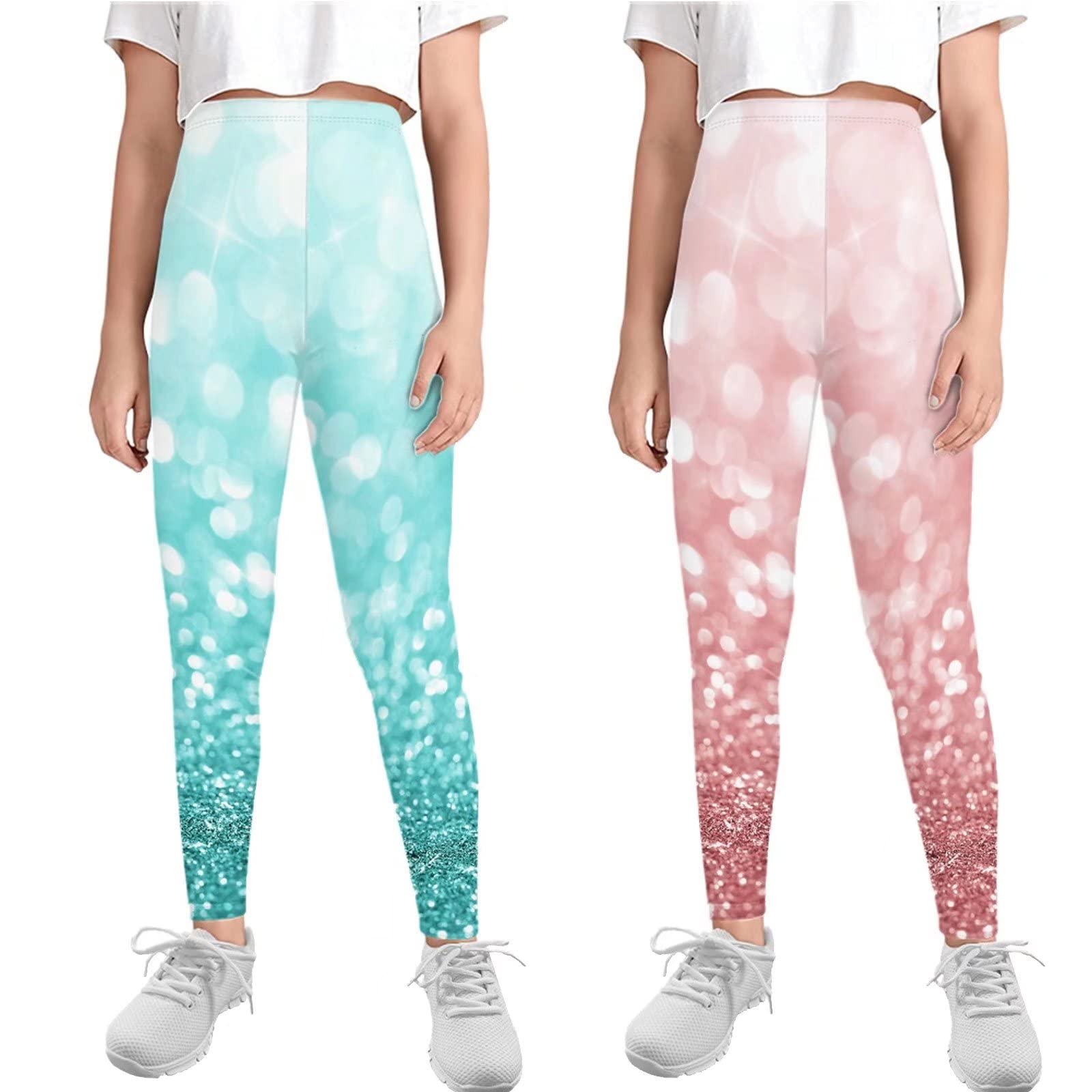 HUIACONG Leggings para niñas de 4 a 13 años para niños pequeños, pantalones activos de yoga, 2 piezas, Purpurina desenfocada, verde y rosa, 8-9 Años