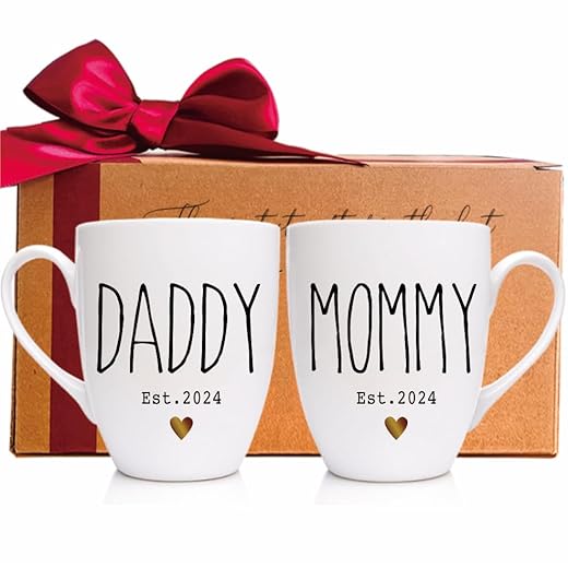MNEDLAD New Daddy & Mommy Est 2024 Coffee Mugs, Pregnancy Announcement, Prospective Parents Mugs Gift, New Parents Gift, Baby Reveal Mug, First Time Mommy Daddy Gift Set of 2-M153