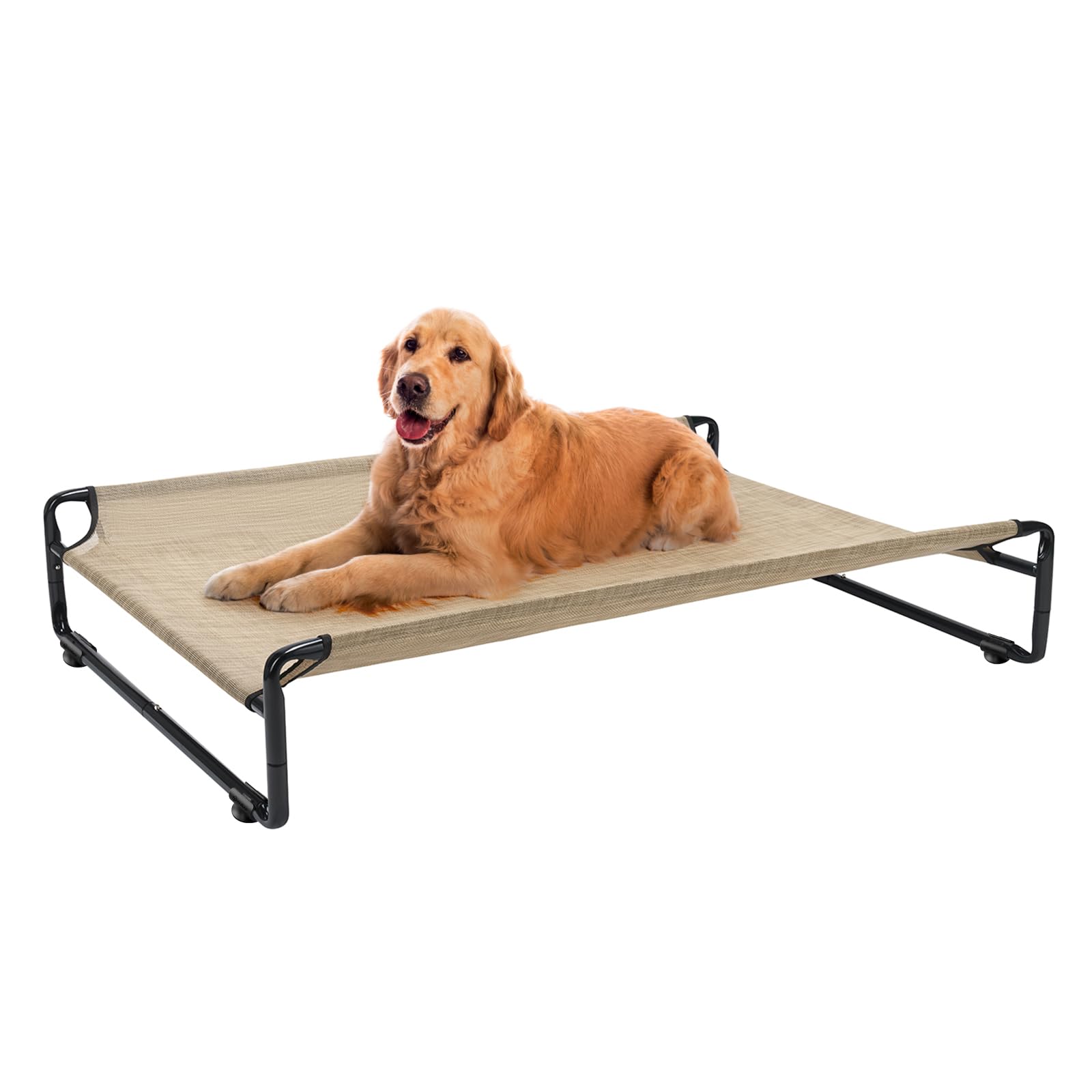 Veehoo Original Outdoor Elevated Dog Bed, Cooling Raised Dog Cot for Large Dogs, Portable Standing Pet Hammock Platform with Washable Breathable Mesh, No-Slip Feet, Large, Beige Coffee, CWC2201