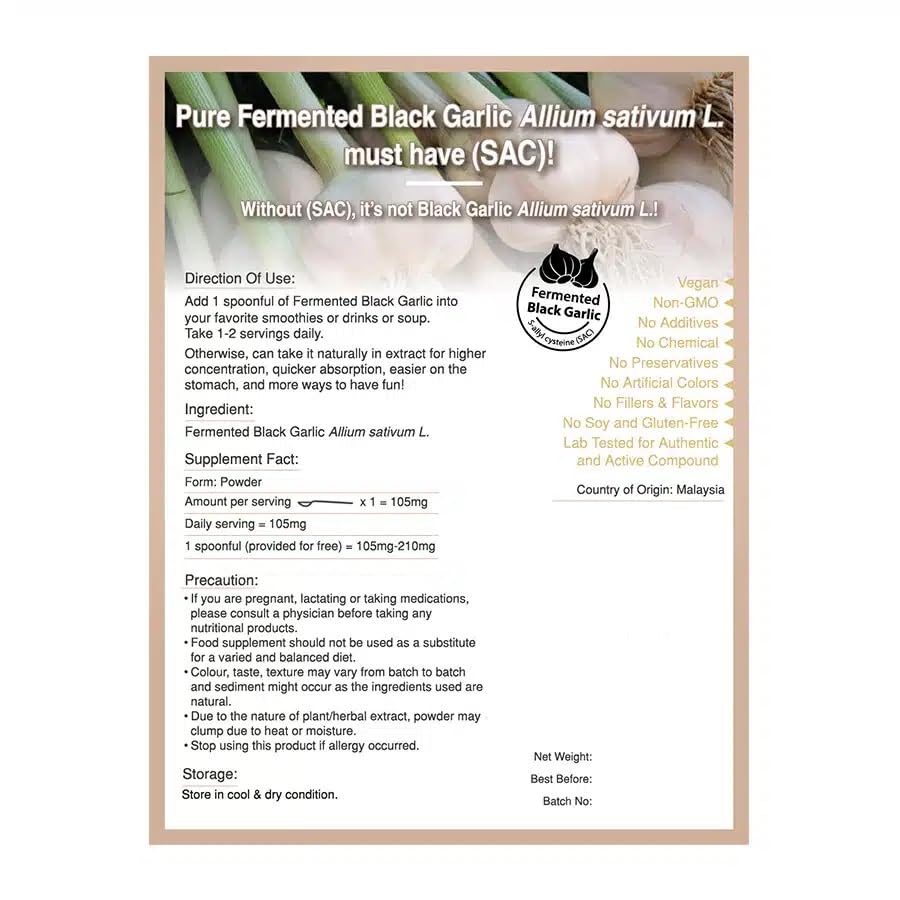 Fermentierter schwarzer Knoblauchextrakt (Allium sativum L.) – Pulver 100 g rein 100 % natürlich ohne Zusatzstoffe – für Suppe, Smoothies, Kaffee, Getränke, Gebäck