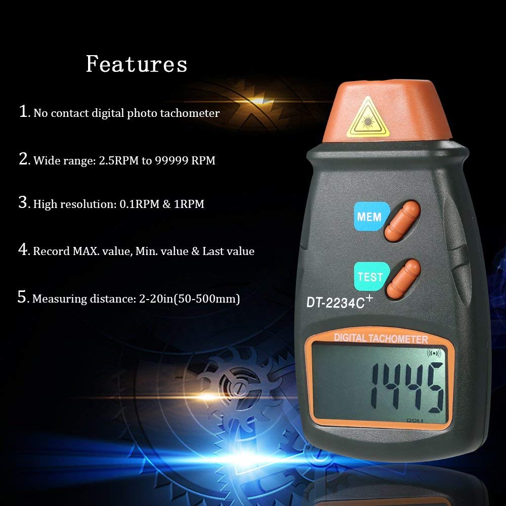 Tacómetro digital sin contacto 2,5-99.999 RPM pantalla LCD medidor velocidad motor con cinta reflectante
