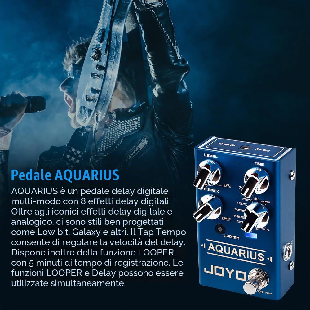 JOYO Pedale multi-mode Delay & Looper per chitarra, 8 effetti incl. Galaxy/Tape Echo con Tap Tempo e 5 min Loop, Bypass (Aquarius R-07)