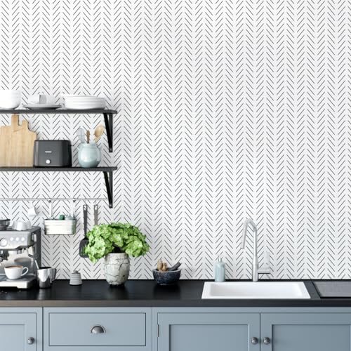 Erfoni Black And White Peel And Stick Wallpaper Modern Herringbone Contact Paper Bathroom 17.7Inch X 118.1Inch Geometric Removable Wall Paper Peel And Stick Self Adhesive Contact Paper thumb #2