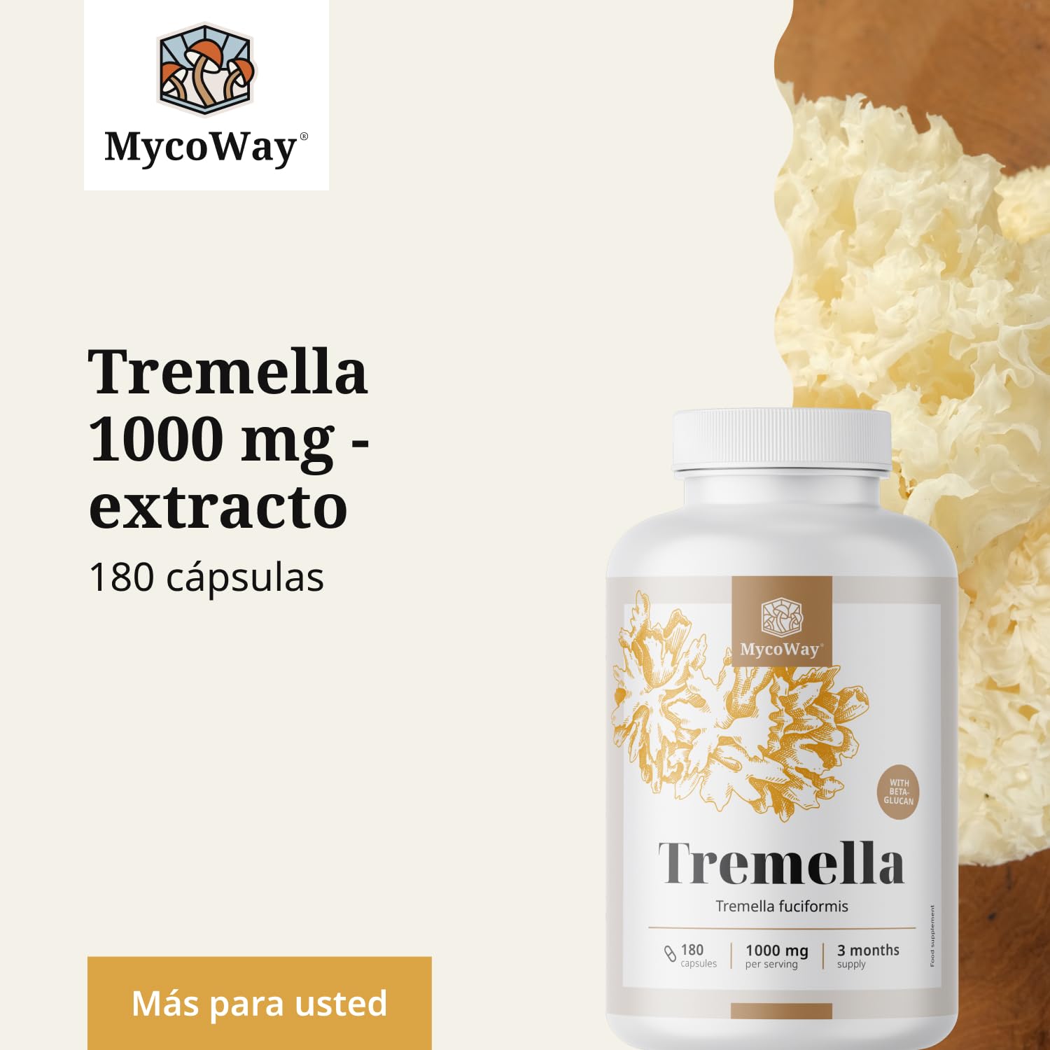 Tremella 1000 mg – Extracto – Tremella Fuciformis – 180 cápsulas vegetales – 10% de betaglucano – «Hongo de la belleza» asiático – Hidratante natural