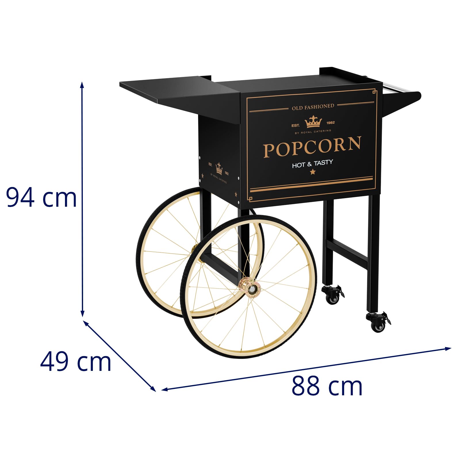 Royal Catering Chariot À Pop Corn Professionnel Sur Roue RCPT-BGWG-1 Noir & Or Tôle D'Acier Peinte 4 Roues 2 Freins
