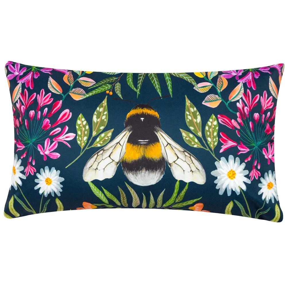Wylder Nature House Of Bloom Zinnia Bee Cushion Cover – Floral Botanical Bumblebee Design (Navy – 30 x 50cm)