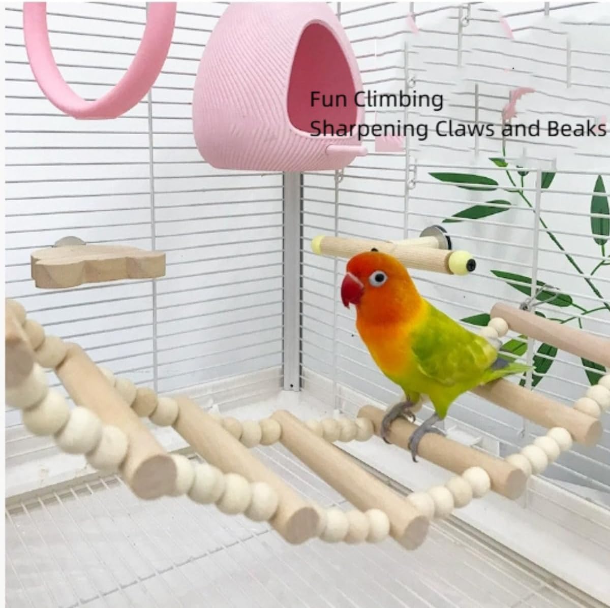 7-Piece Parrots Toy Set - Natural Wood Ladder, Colorful Swing Ladder, Bird Perch Stands, Bird House with Perch, Cage Accessories for Parakeets, Cockatiel, Conure, Lovebird, Quaker