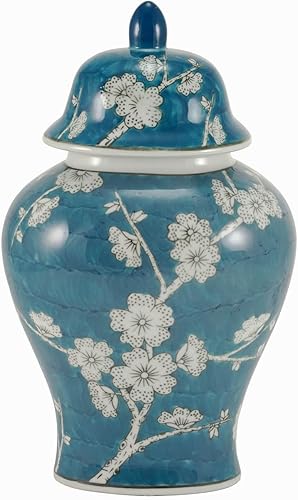Urna de cremación de cerámica Plum Blossom - Grande - Capacidad para hasta 200 pulgadas cúbicas de cenizas - Urnas de cerámica azul