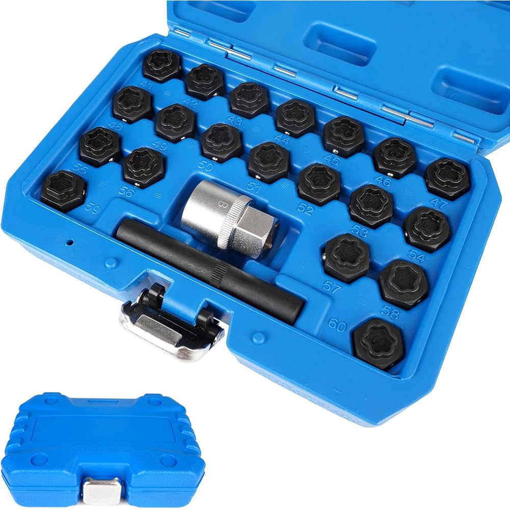 22 PCS Clé De Blocage De Roue, Roue Antivol Vis De Blocage D'écrou De Roue Set De Démontage avec Poinçon Et Adaptateur De Douille De Conducteur 1/2 Pouce Black,1