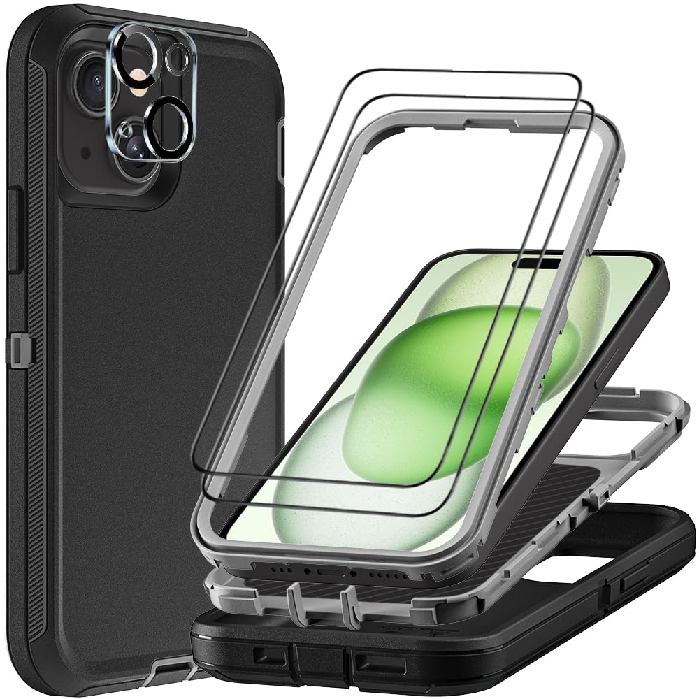 TFDSEUGH for iPhone 15 Plus Case with 2Pcs Tempered Glass Screen Protector and 1Pcs Camera Lens Protector, Military Grade 3 in 1 Heavy Duty Shockproof