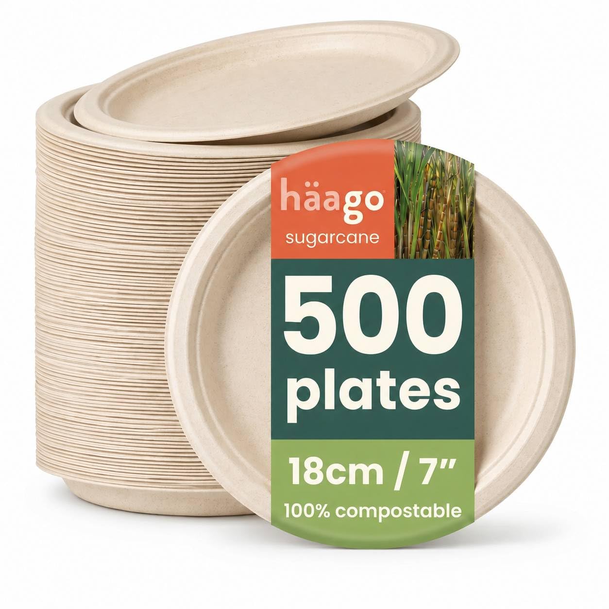 HAAGO 500 Eco Disposable Sugarcane Dessert Plates, 7 Inch (18cm) - Natural Colour Small Plates - Biodegradable & Compostable Side Plates for Desserts, Starters & Snacks - Sturdy & Heavy Duty