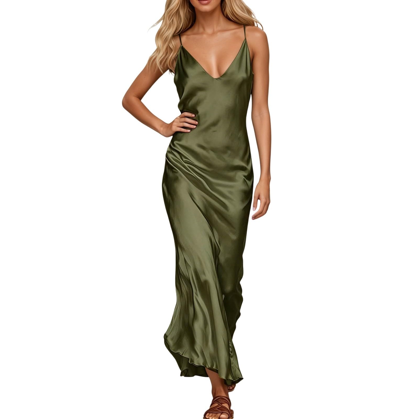 Robe en satin uni sans manches au tomber fluide exceptionnel