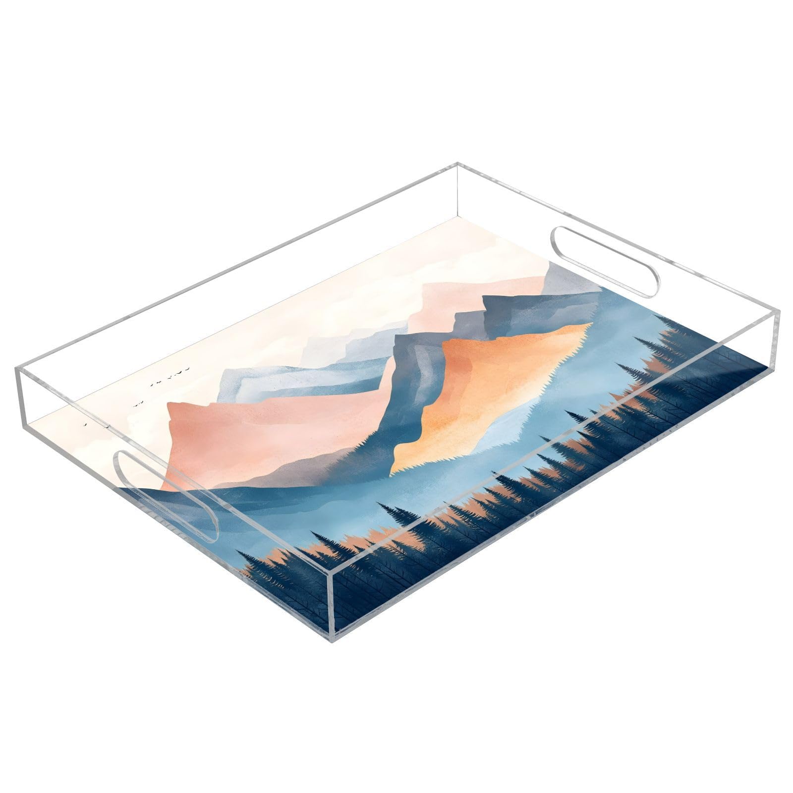 BOESI Watercolor Colorful Mountain Pattern Acrylic Decorative Dining Tray, Acrylic Decorative Tray Organizer with Handle for Kitchen, Dining Room, Bathroom, Dresser