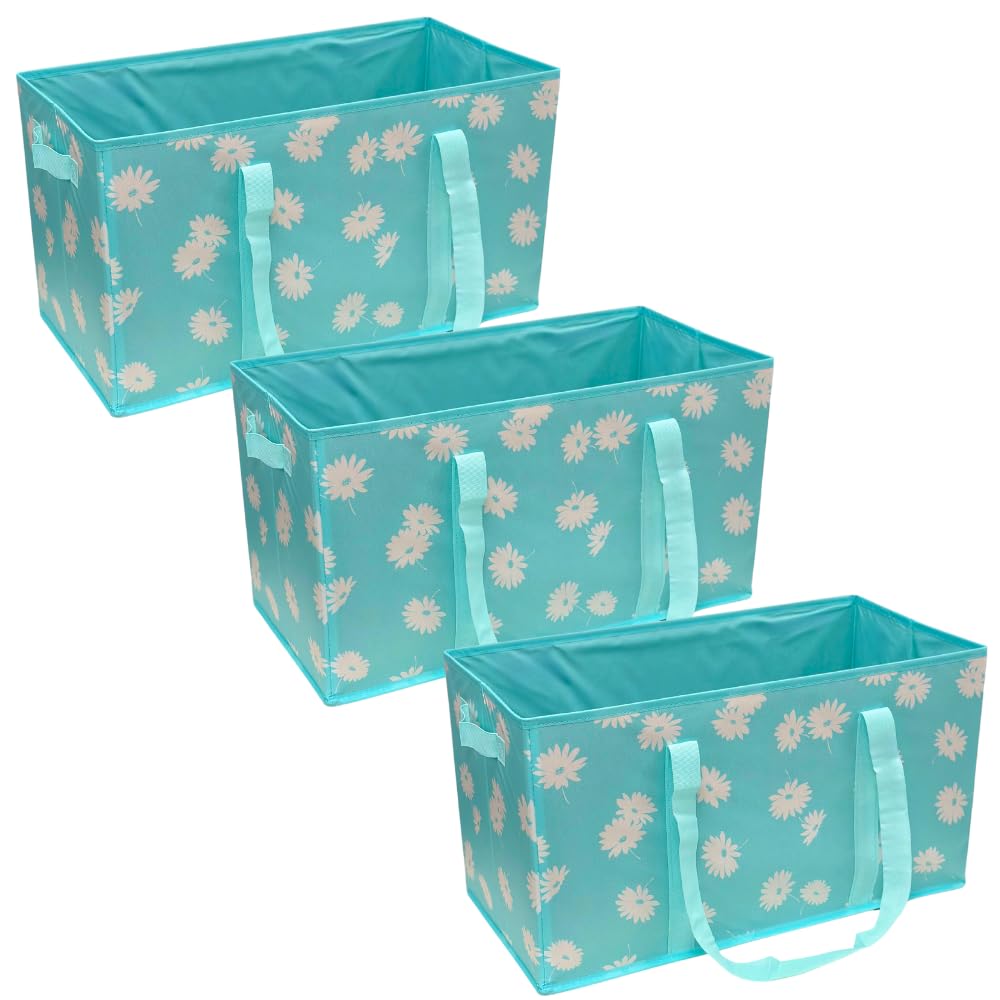 DURASACK Large Grocery Tote Bag 3-Pack All-Purpose Collapsible Tote Bags with Handles Kitchen Reusable Grocery Bags, Blue Daisies