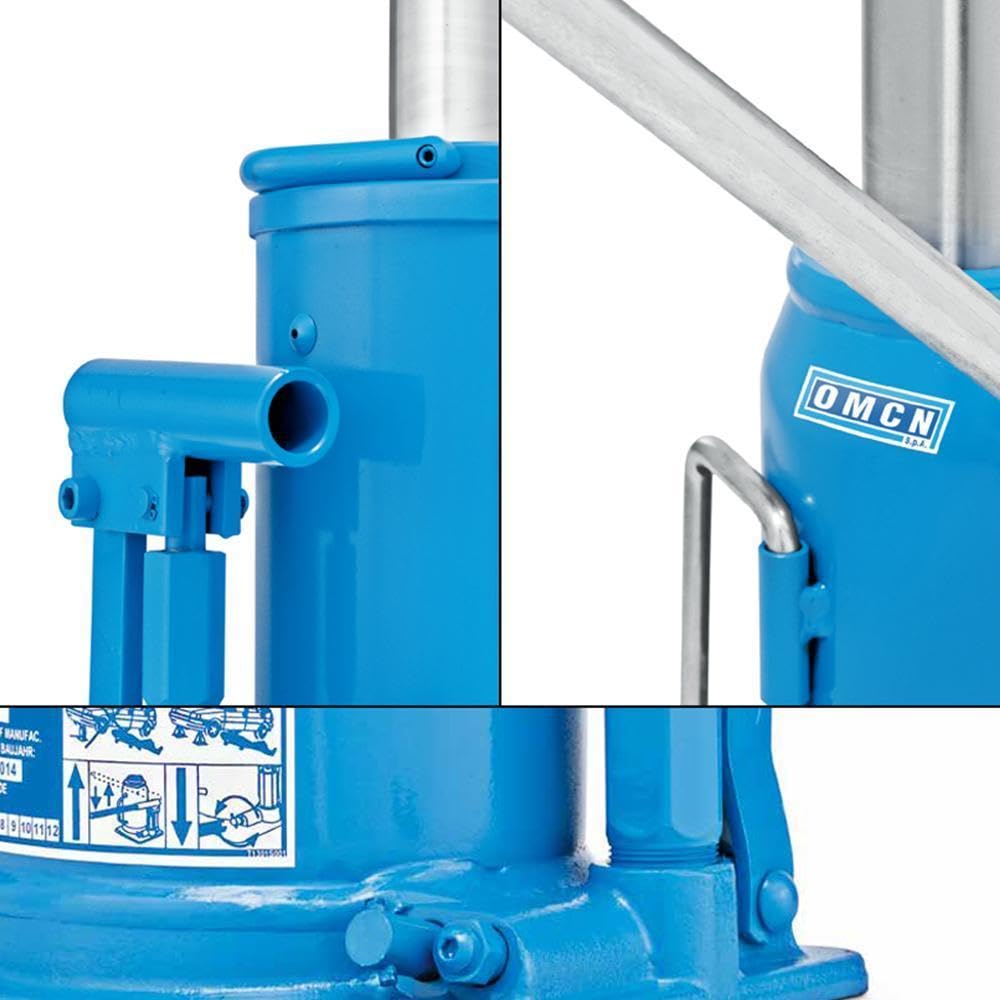 OMCN Cric Idraulico a Bottiglia, 10000 kg di Portata, Altezza di Sollevamento 51,5 cm, Base 14x14 cm, Blu
