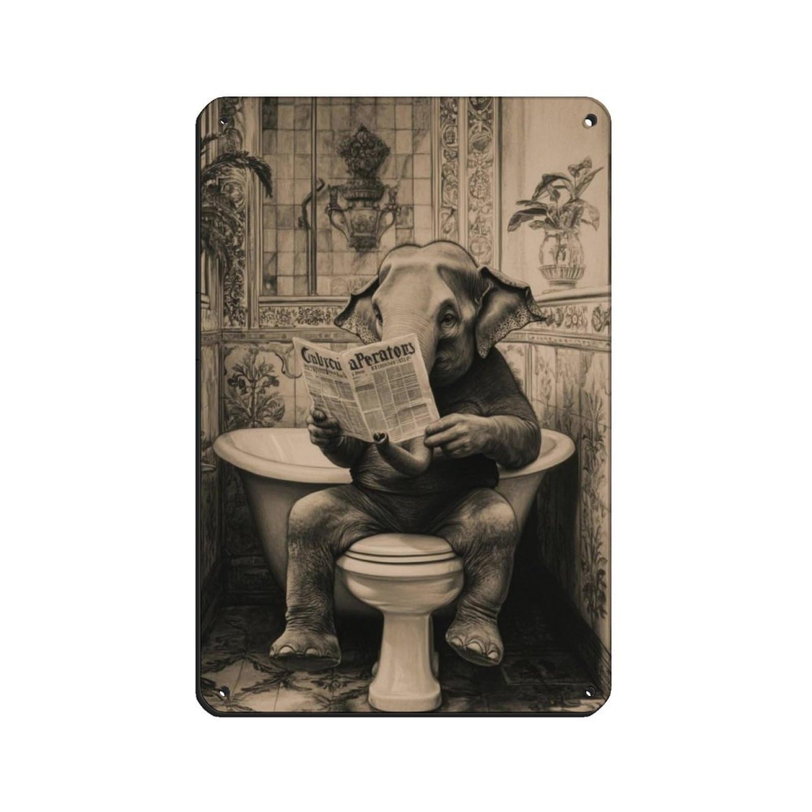 Quirky Elephant, Elephant in Bathroom Retro Poster Metal Tin Sign Chic Art Retro Iron Painting Bar People Cave Cafe Family Garage Poster Wall Decoration 8x12inch(20x30cm)