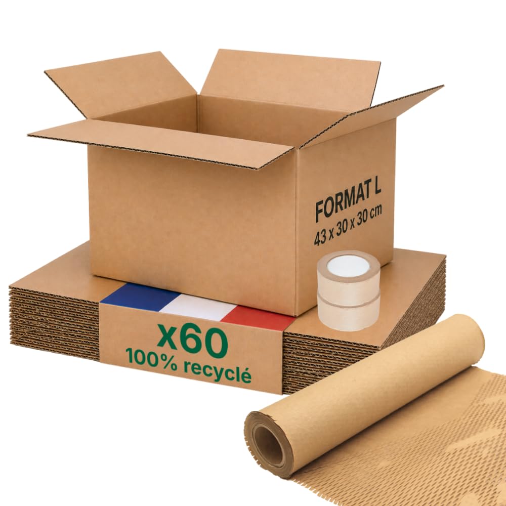 Opakowanie kartonowe L - partia 60 + ochrona papieru + klej papierowy - 43x30x30 cm - Wzmocniony - 100% nadający się do recyklingu - buty, pościel, e-commerce - Life Pack