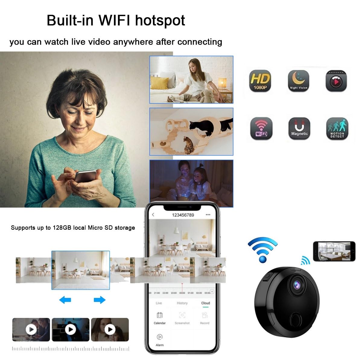 Kamera, Mała Bezprzewodowa Kamera Niani Mini 4K Do Użytku Domowego, Mikro Kamera Z Wykrywaniem Ruchu I 4 Lampami Noktowizyjnymi, Kamera HD 1080P Z Funkcją Nagrywania W Pętli