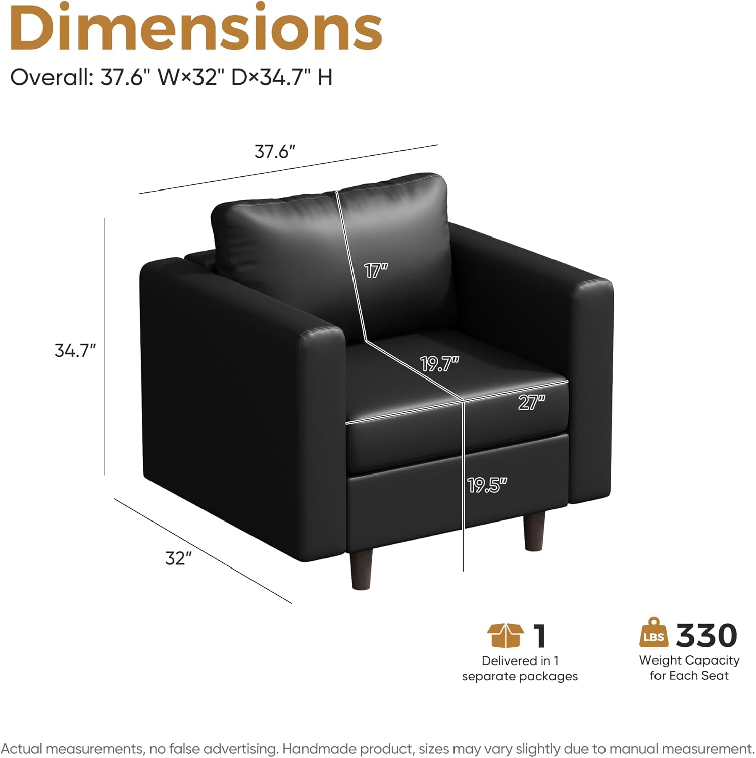 ABCASA Oversized Faux Leather Accent Chair with Storage Deep Seat Single Sofa Large Reading Armchair for Living Room Bedroom Office Black
