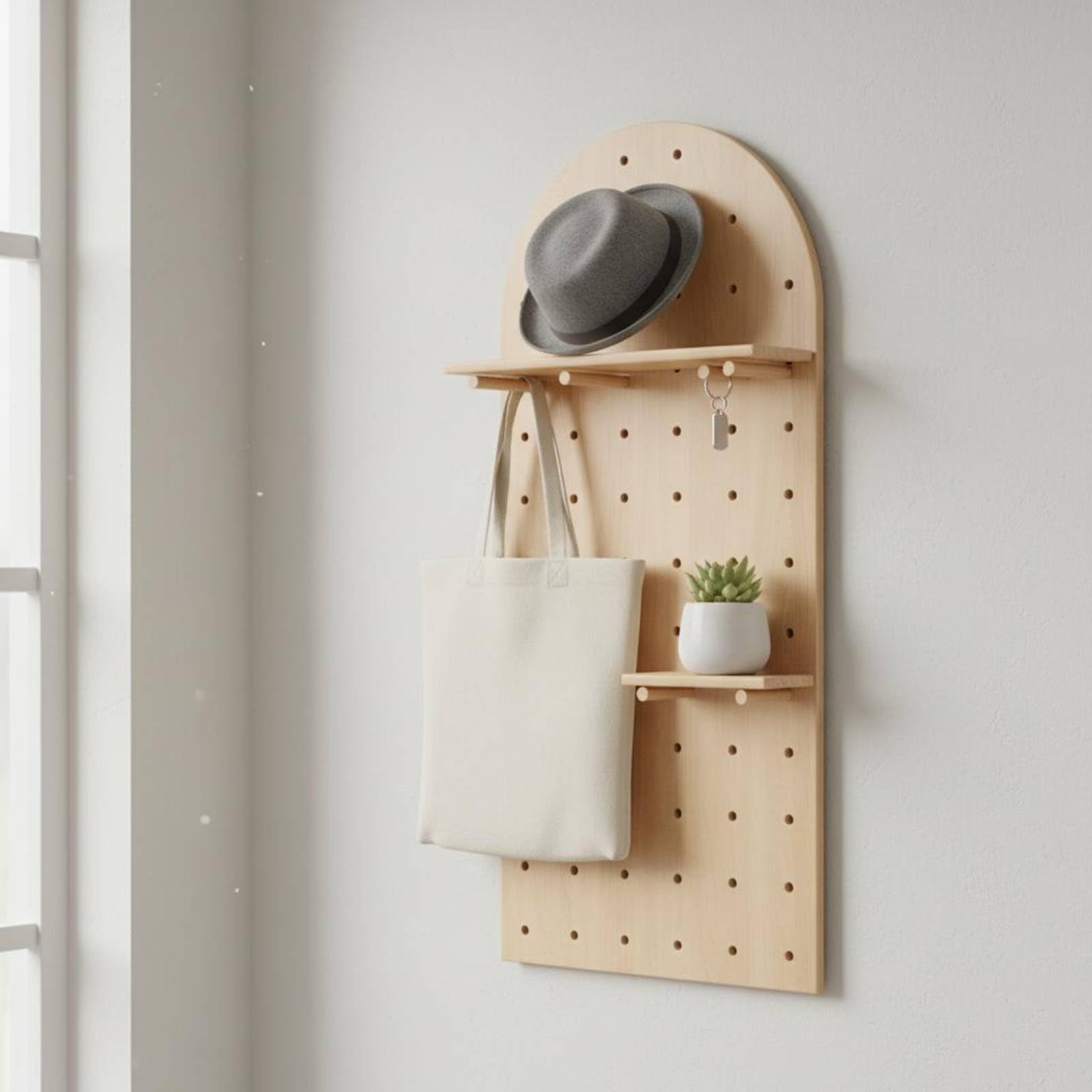 Estantería de Pared Organizador de Tablero Perforado Estante Perchero Soporte Tablero Ajustable con Estantes y Pernos Móviles Decoración Limpia Estilo, Madera Natural A