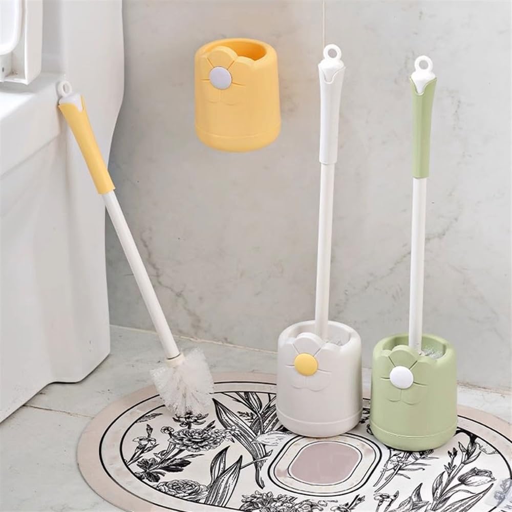Escobilla de Baño Juego de portaescobillas de inodoro de plástico con patrón de flores, cabezal de cepillo redondo blanco, escobilla de inodoro con mango largo for montaje en pared y suelo Escobillas