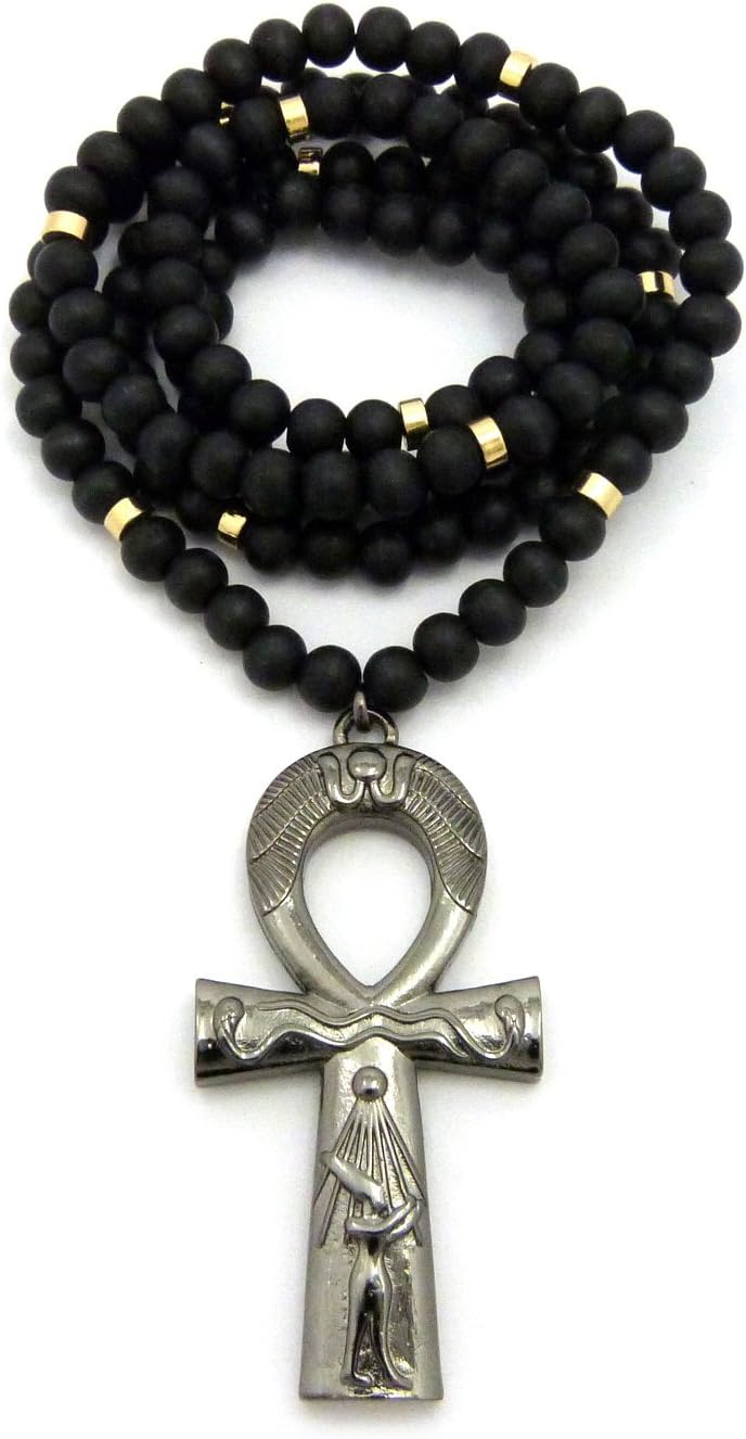 Fashion 21 Egyptian Ankh Cross Pendant 8mm 36" Wooden Necklace in Gold, Silver, Hematite Tone