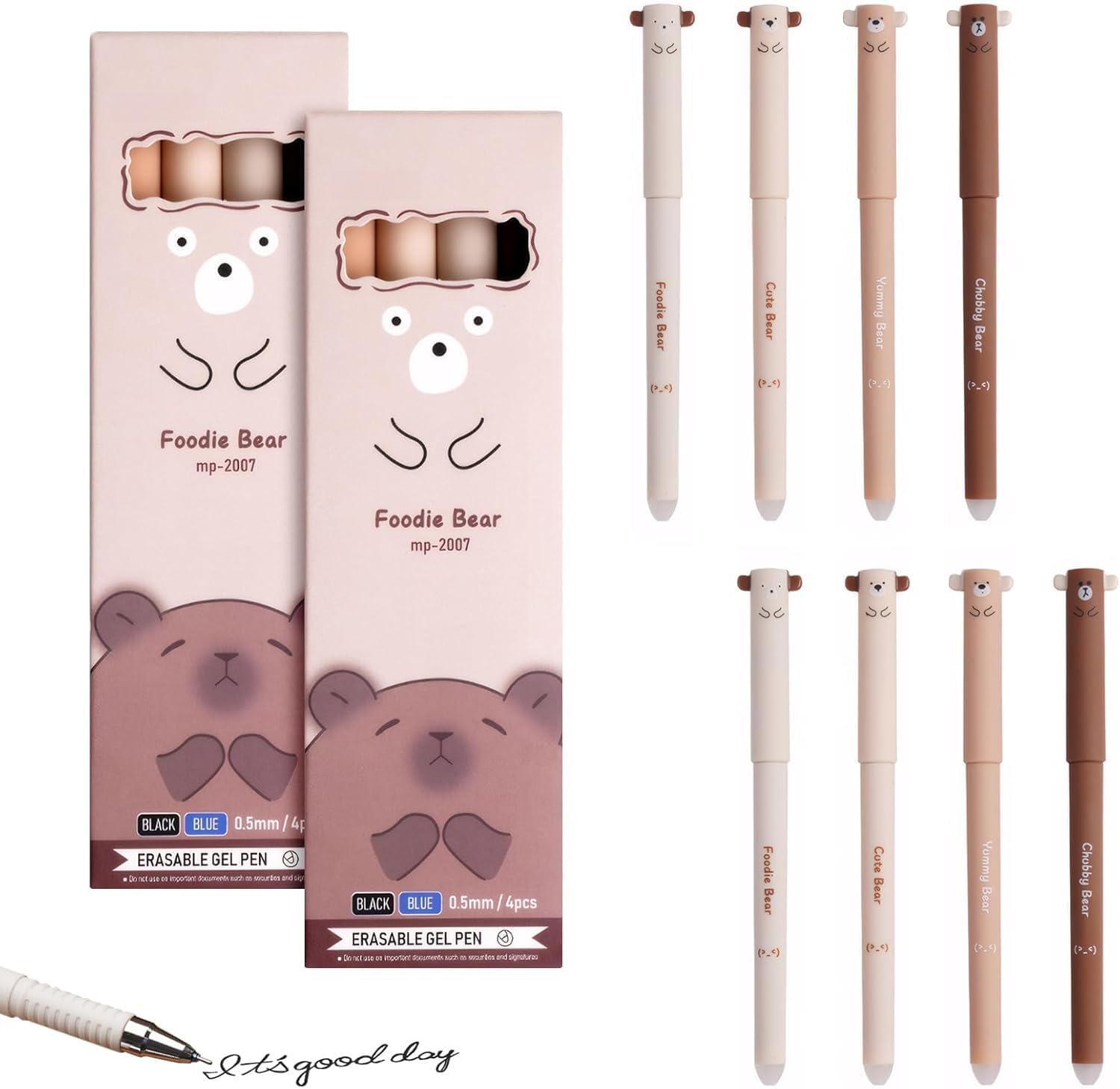 8Pcs Erasable Gel Pens, Fine Tip Black Ink Pens with Bear Design, Smooth Writing & Friction Erasable for Students, Office Work, Sketching, Note-Taking, Cute Bear Theme(0.5mm)
