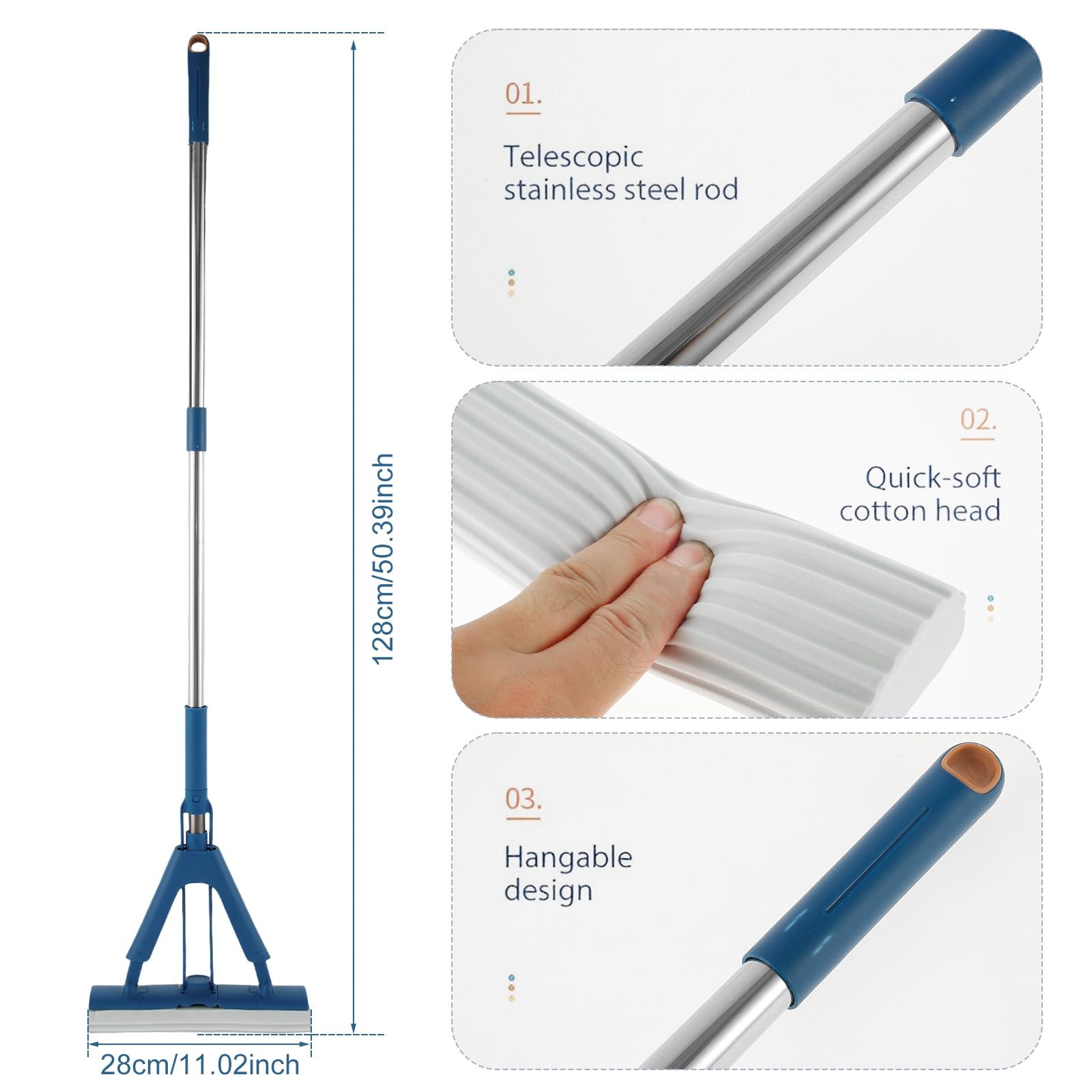 Self-Wringing PVA Sponge Mop, 11.02in Absorbent Roller Mop for Floor Cleaning, Includes 2 Reusable Heads, Quickie Butterflies Squeeze Mop for Wet & Dry Home Use