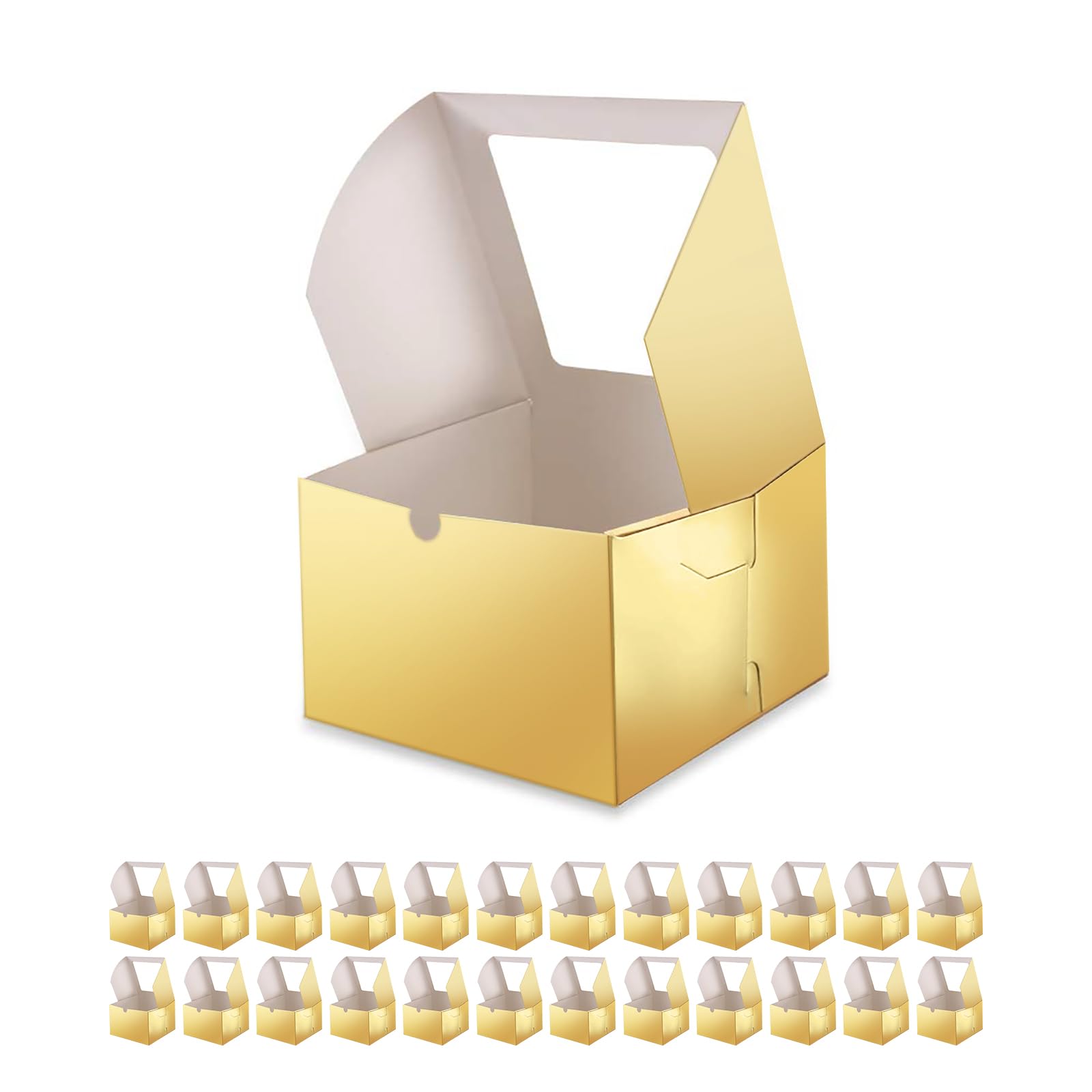 BAKIPACK 25 Gold Bakery Boxes with Window 5x5x3.5 Inches, Dessert Boxes to Go with Window, Treat Boxes for Small Bakery, Dessert, Candy, Cookies,