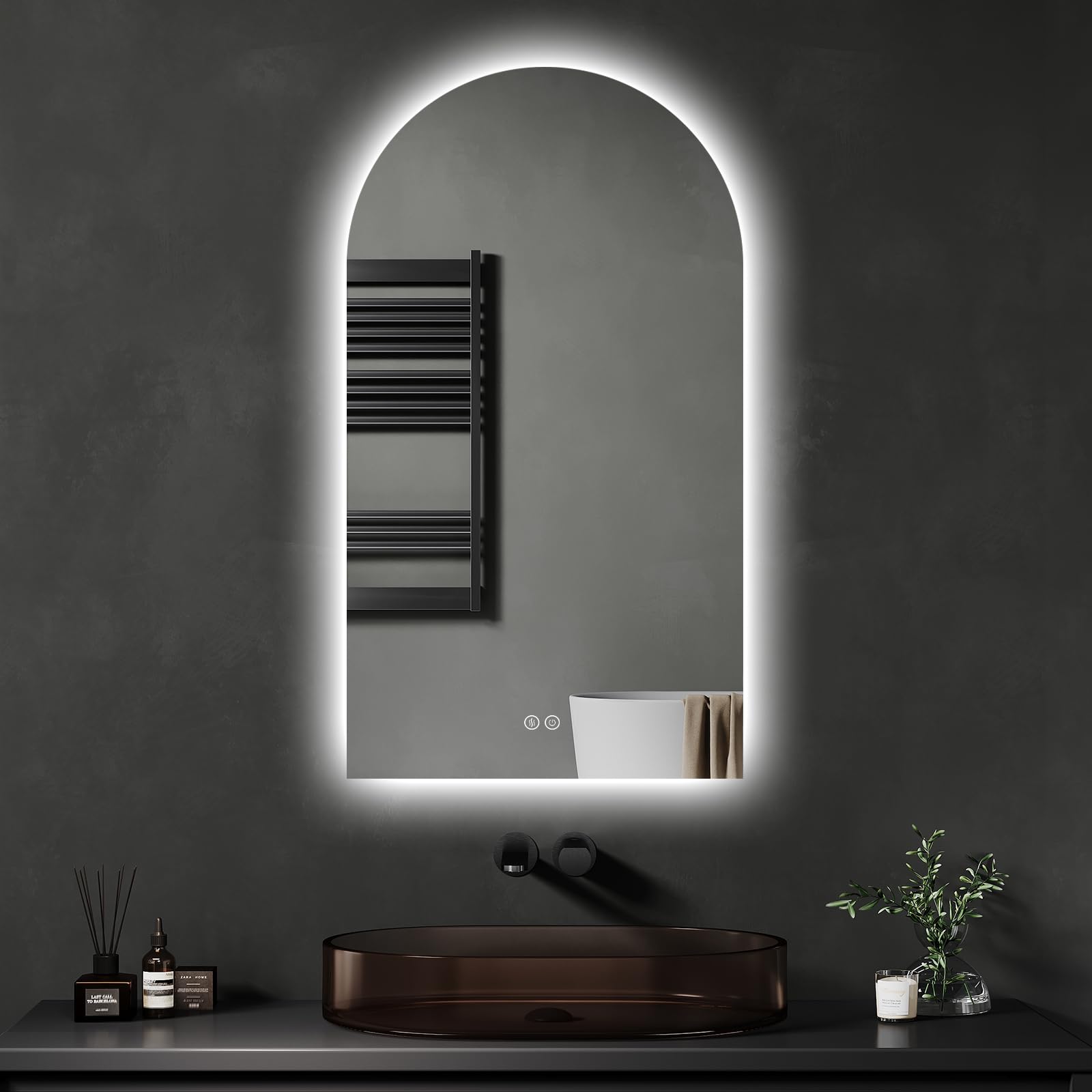 Specchio da bagno con illuminazione, 50 x 90 cm, specchio da bagno a LED curvo, con interruttore touch, dimmerabile, 3 colori di luce, per bagno