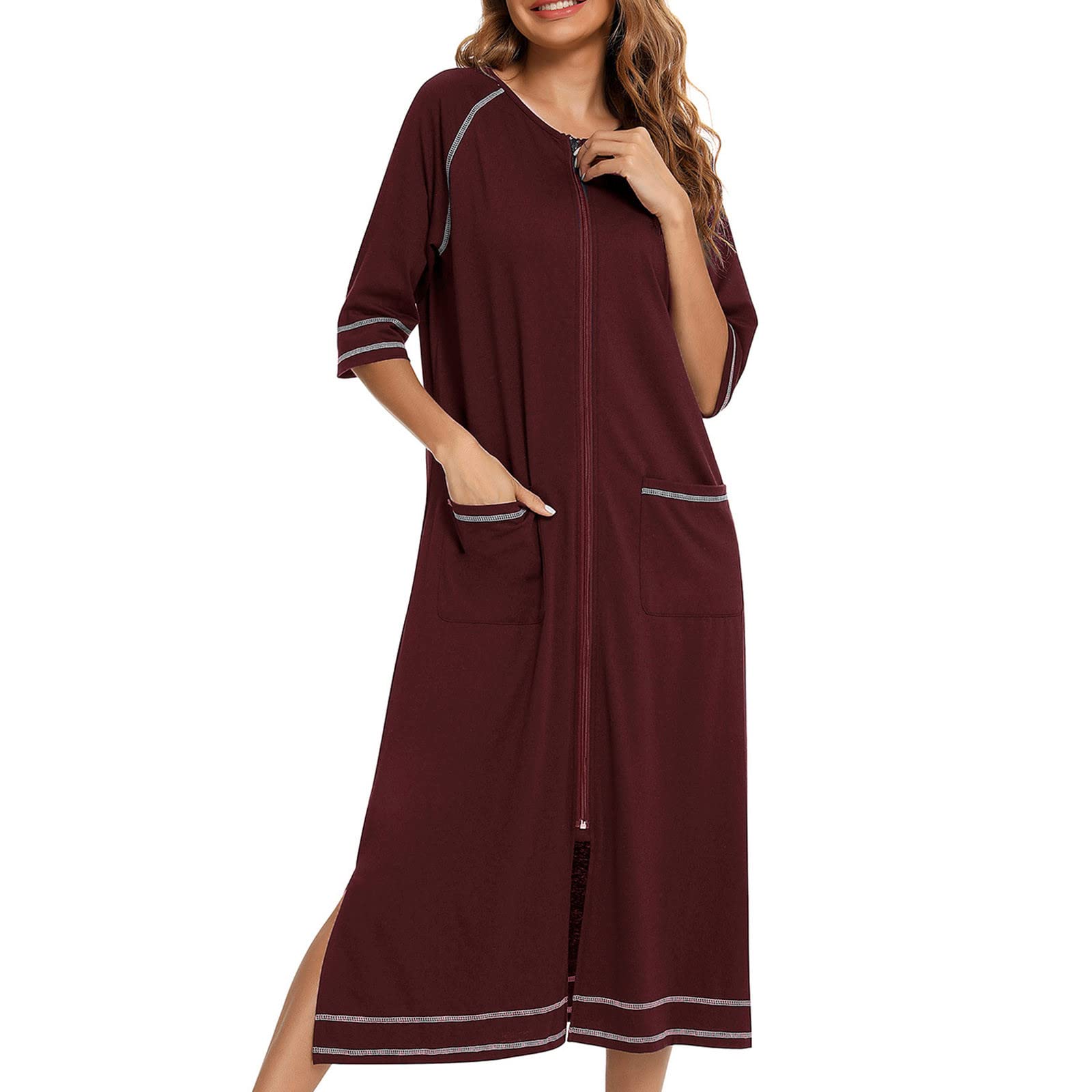 Robe de chambre en coton pour femme - Légère et douce - Avec fermeture éclair - Longueur totale - Confortable - Vêtement de détente