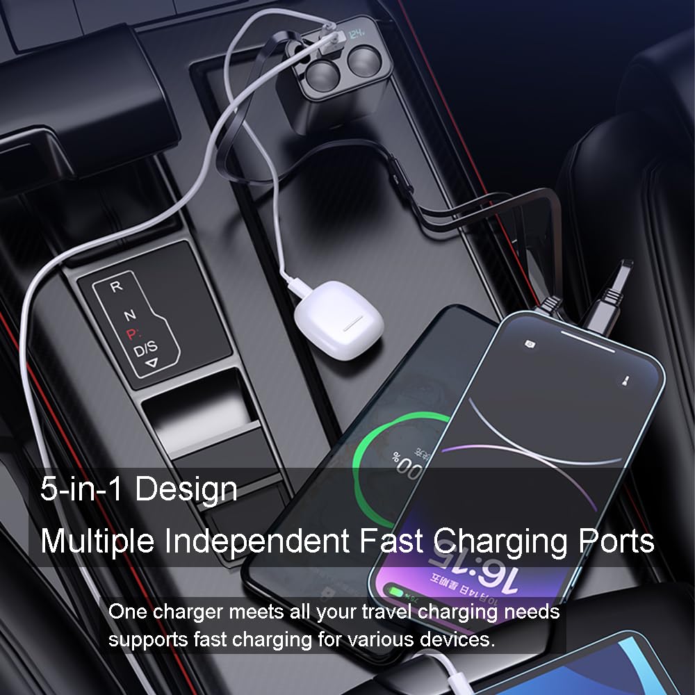 Caricabatteria da auto retrattile 2 in 1 da 90 W con cavi Lightning e tipo C, porta USB, display di tensione, ricarica rapida per tutti i dispositivi mobili