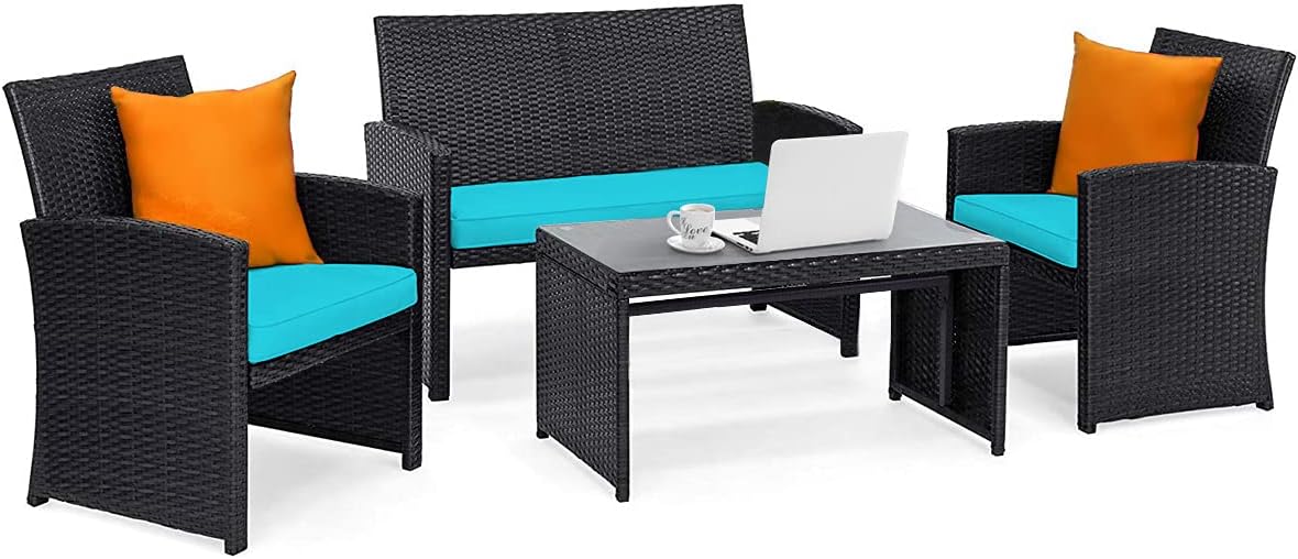Tangkula 4 Pieces Patio Wicker Conversation Furniture Set, Patiojoy