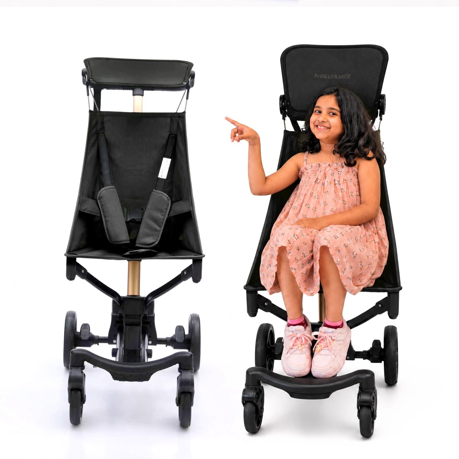 Angels & Mice Travel Cruiser Baby Stroller for 1-5 Years | Safety Harness|Lightweight Travel Stroller with Wide Seat, Big Wheels, Compact Fold, High Weight Capacity, Adjustable Sunshade | Black & Gold-image-46