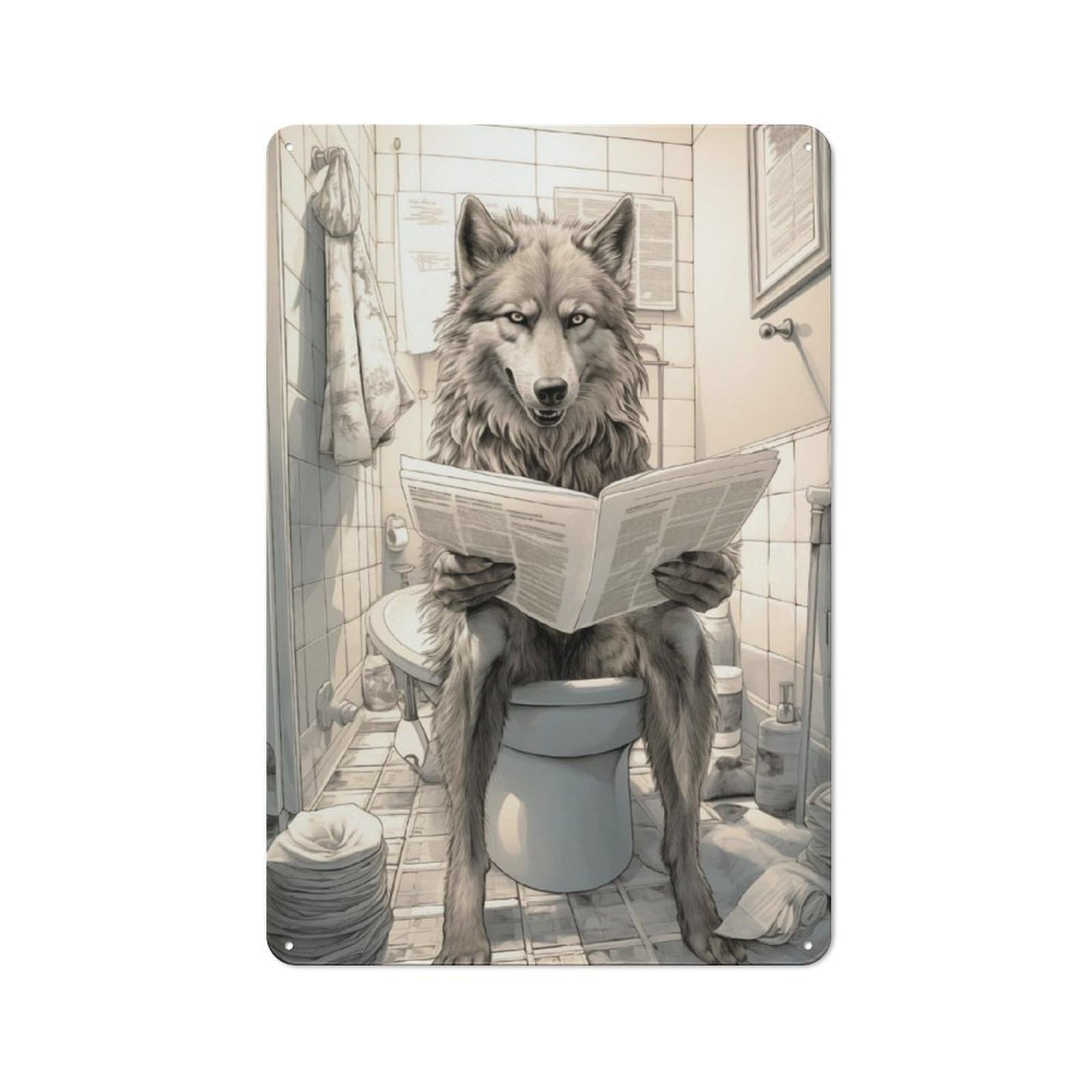 Junmoney Wolf On Toilet Printed Metal Sign 30X20cm For Pub Or Café, With Clear Industrial Wall Decor Character