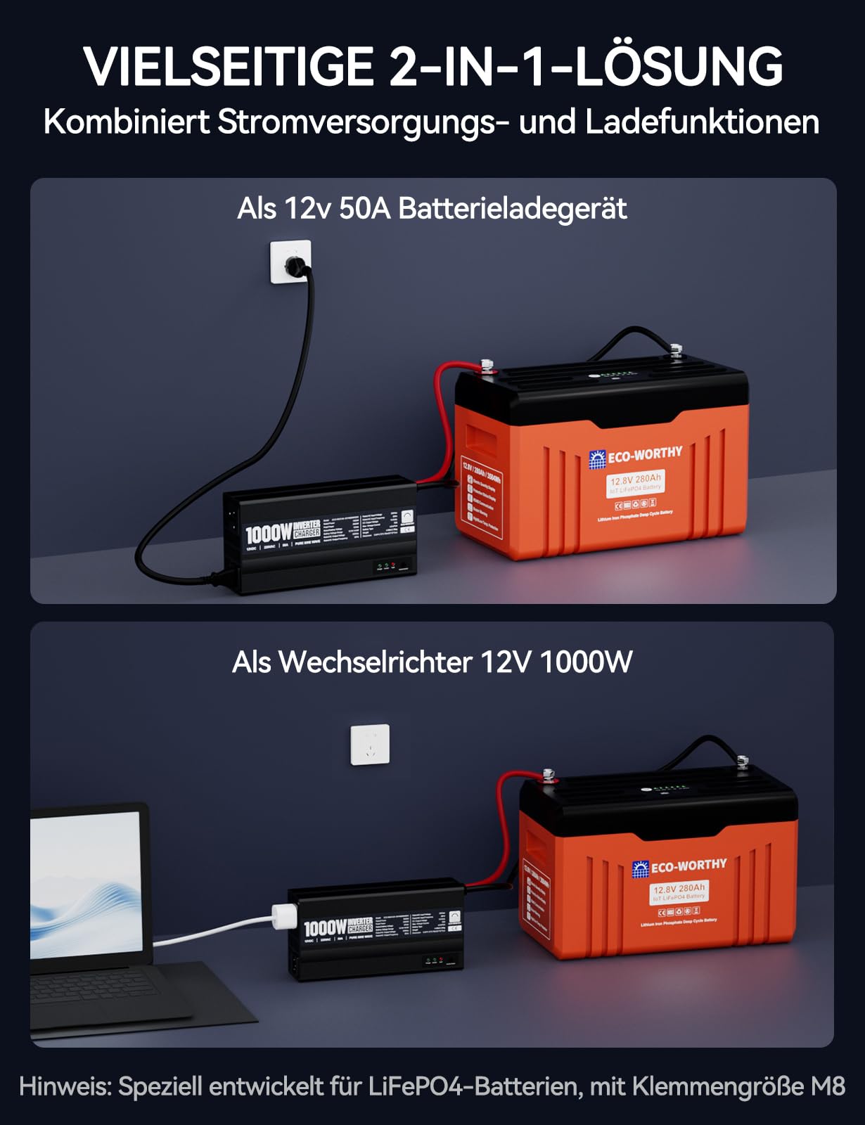 ECO-WORTHY 14,6V 50A Chargeur LiFePO4 avec convertisseur 1000W 12V à 230V, priorité au Secteur et Fonction UPS, pour Batterie LiFePO4 Deep Cycle, véhicule, Camion, Voiture