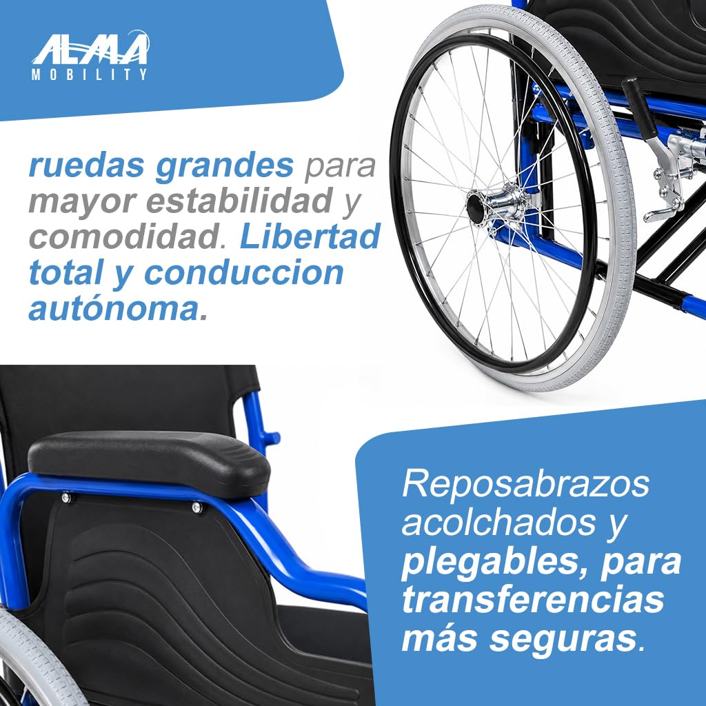 ALMA Power 1.1 Silla de Ruedas Manual - Silla Plegable con Aros de Propulsión, Reposabrazos Abatible, Frenos de Mano, Ruedas Traseras Grandes