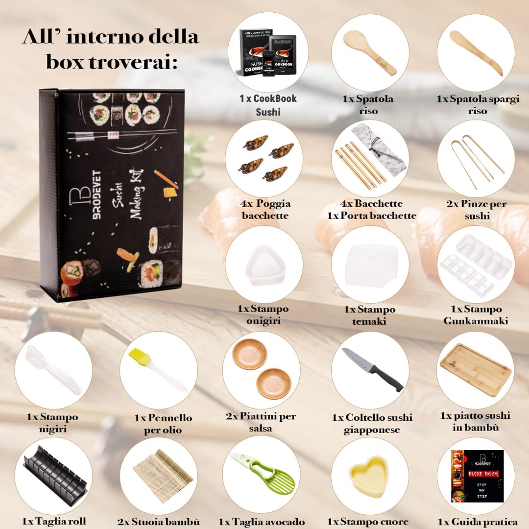 Kit Sushi 2025 – 29 Piezas con Guía Práctica, Recetario, Palillos Japoneses, Esterilla Sushi, Molde Onigiri, Arroz Sushi, Alga Nori para Sushi – Set Profesional DIY para Principiantes