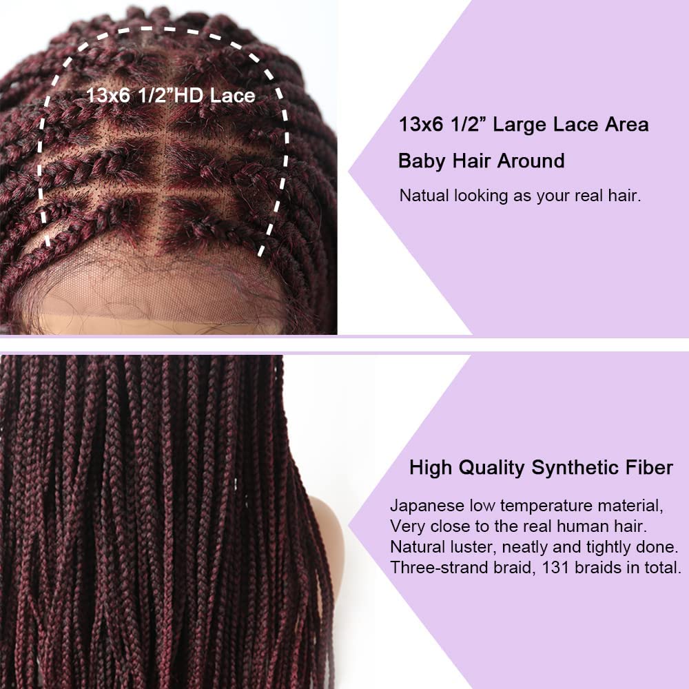 33" Box Braid Wigs With Natural Baby Hair Micro Twist Cornrow Braids For Afican American Women Swiss Lace Front Hand Braided Lightweight Synthetic Wigs (#1B/99JT Black Mix Wine Red)