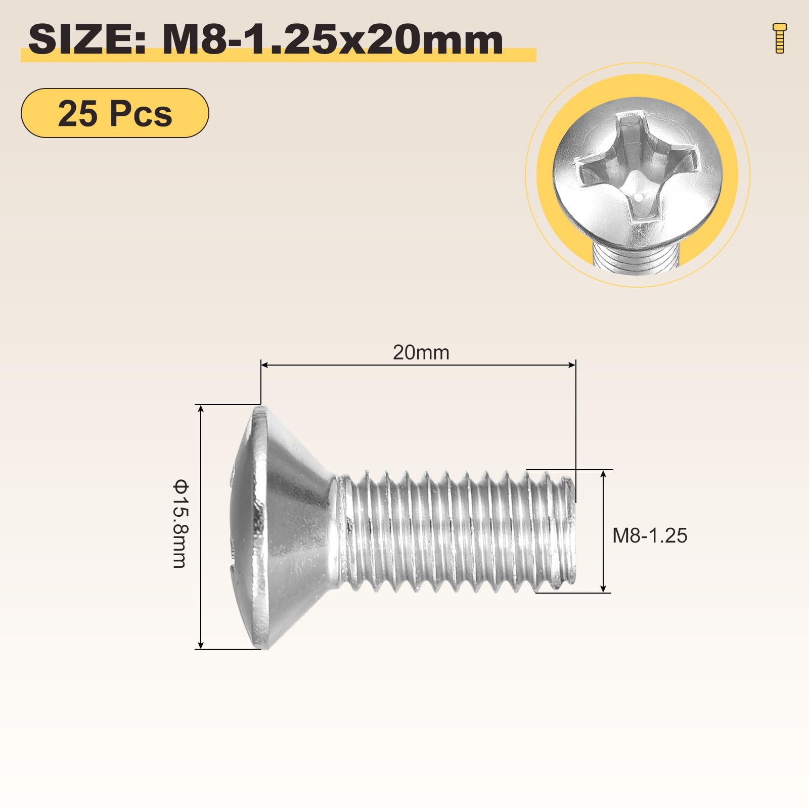 METALLIXITY Phillips Cross Recessed Countersunk Head Screws Bolts (M8-1.25x20) 25Pcs - Image 2