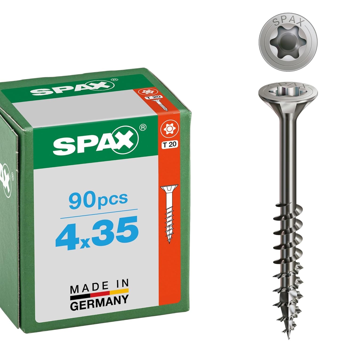 Spax Stainless Steel Screw 4 x 35 mm, 90 pieces - Partial Thread, Countersunk Head, T-STAR plus T20, 4CUT, A2 Stainless Steel - 8000000276460 — image 1