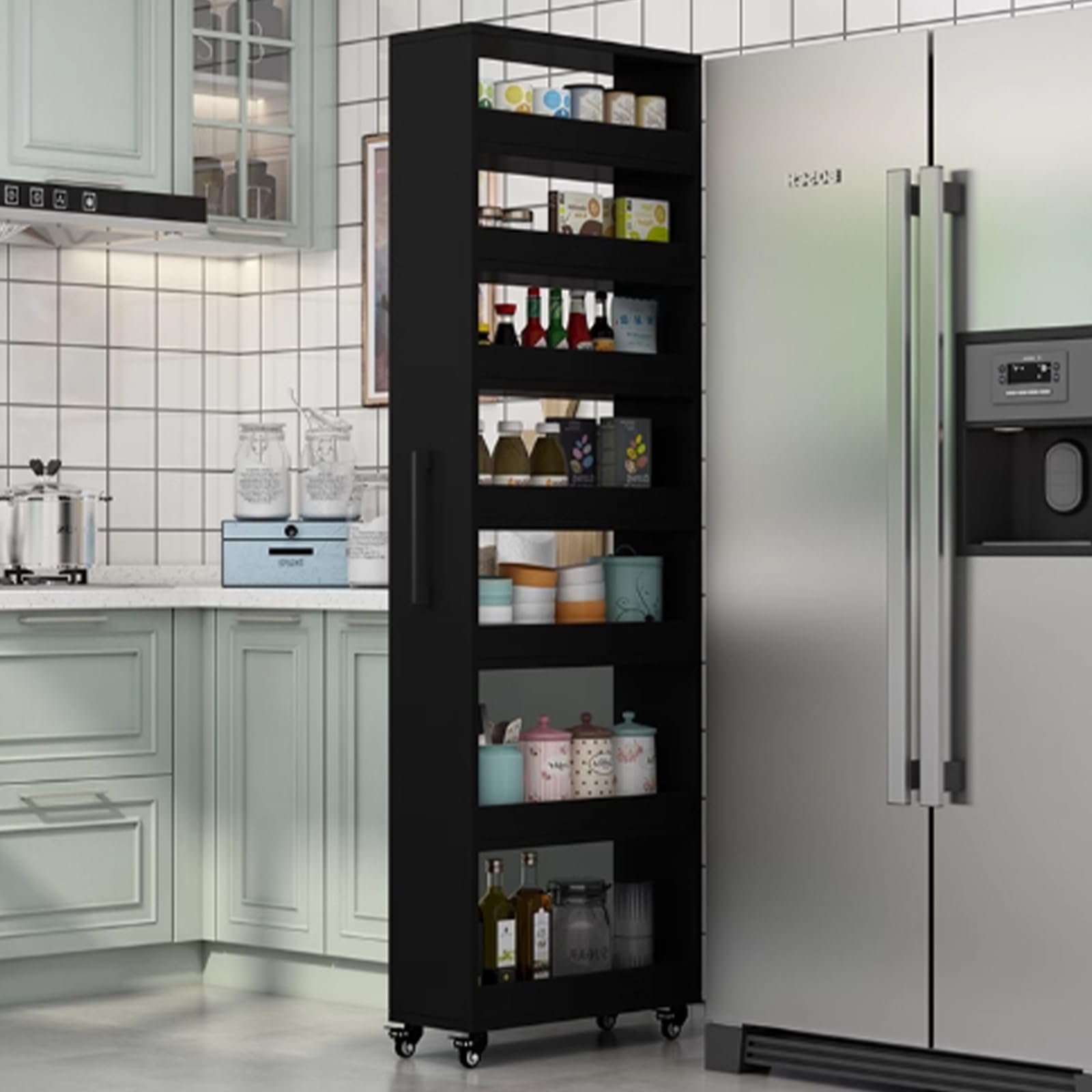 Carrito de almacenamiento delgado, estante de cocina rodante de 7 niveles, gabinete estrecho independiente con asa y ruedas, ideal para baño, lavandería, espacios pequeños, estante de especias de