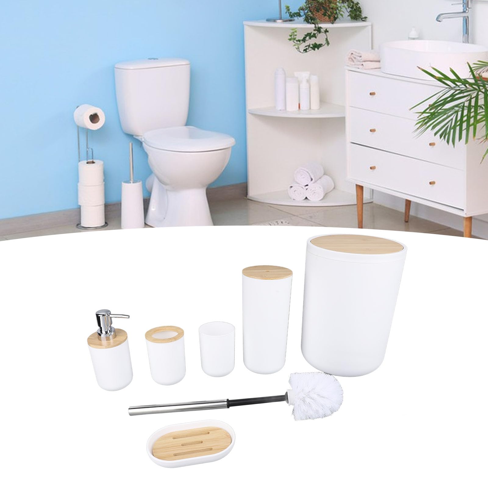 Garosa Ensemble d'accessoires de Salle de Bain, Matériau Bambusoideae, Ensemble de 6 Pièces avec Distributeur de Savon et Porte-Brosse de Toilette, Parfait pour Les Salles de Bains Modernes