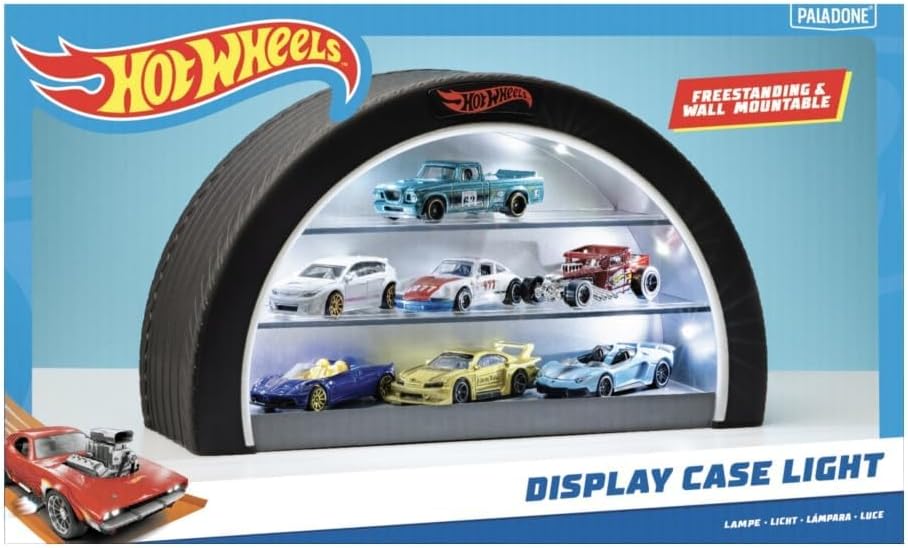 Hot Wheels Display Case Light - Officially Licensed Mattel Merchandise, Light Up Case Holds 8 Cars, Wheel Shaped Wall Mountable or Freestanding, Gift for Collectors