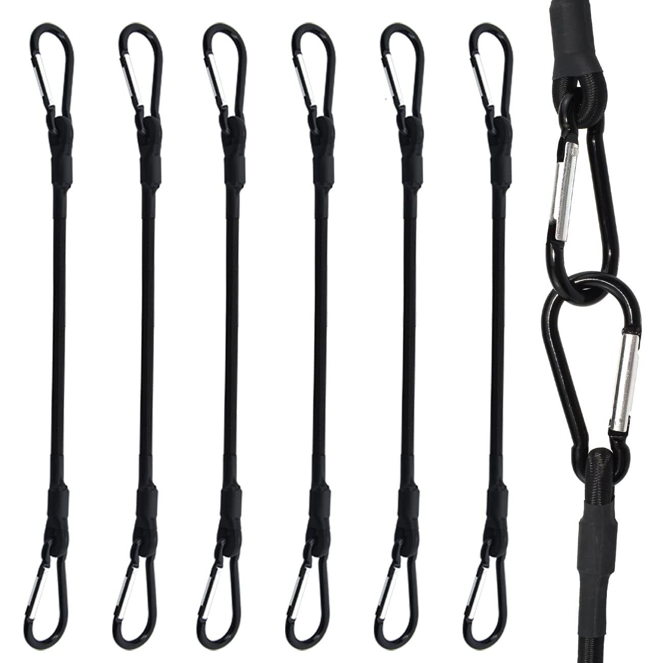 ZESE Bungee Cords with Carabiner Hooks, Black Heavy Duty Latex Bungie Straps, Extra Strong Lastic Rope for Tents, Cargo, Tarp, Trailers, Luggage, Bike Rack (6 PCS, 18 Inch)