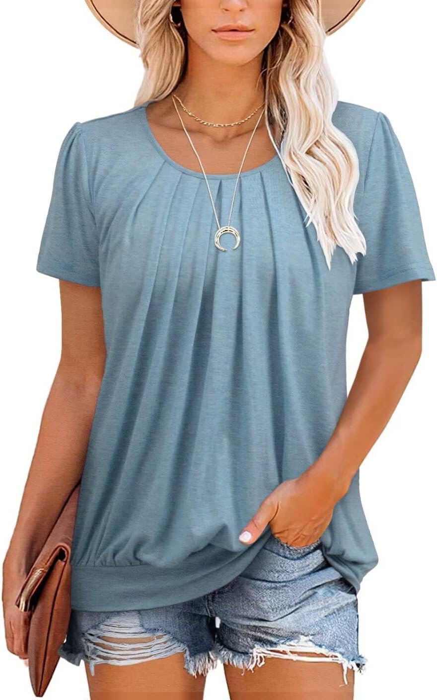 ZOLUCKY Womens Casual Short Sleeve Tunic Tops Scoop Neck T Shirts Summer Loose Fit Tunics - Image 2