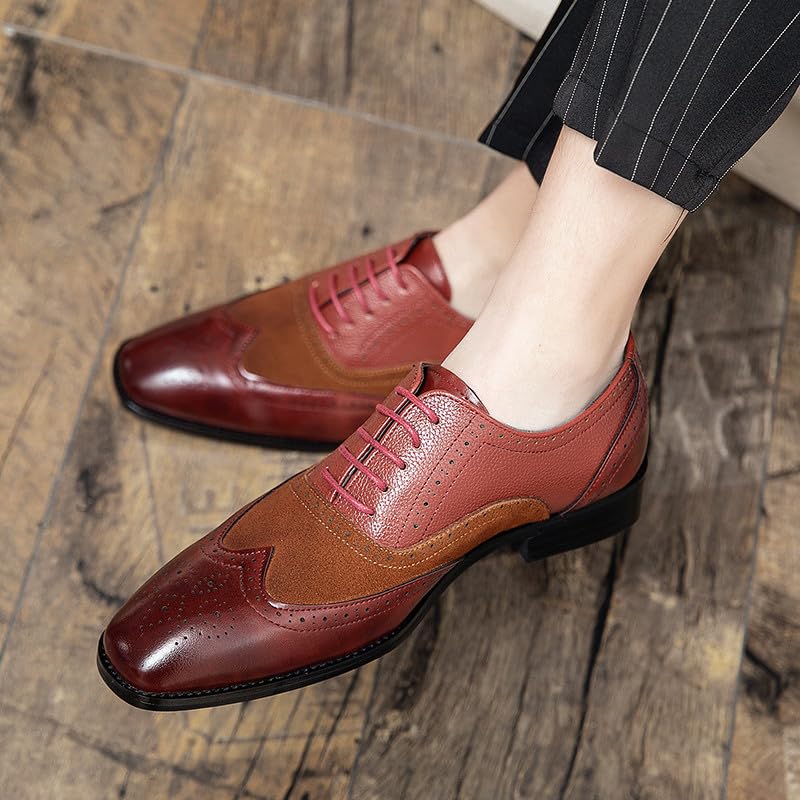 Image of Santimon Men's Classic Modern Formal Oxford Wingtip Lace Up Dress Shoes, Two-Tone Perforated Brogues Uniform Casual Oxford Dress Shoes