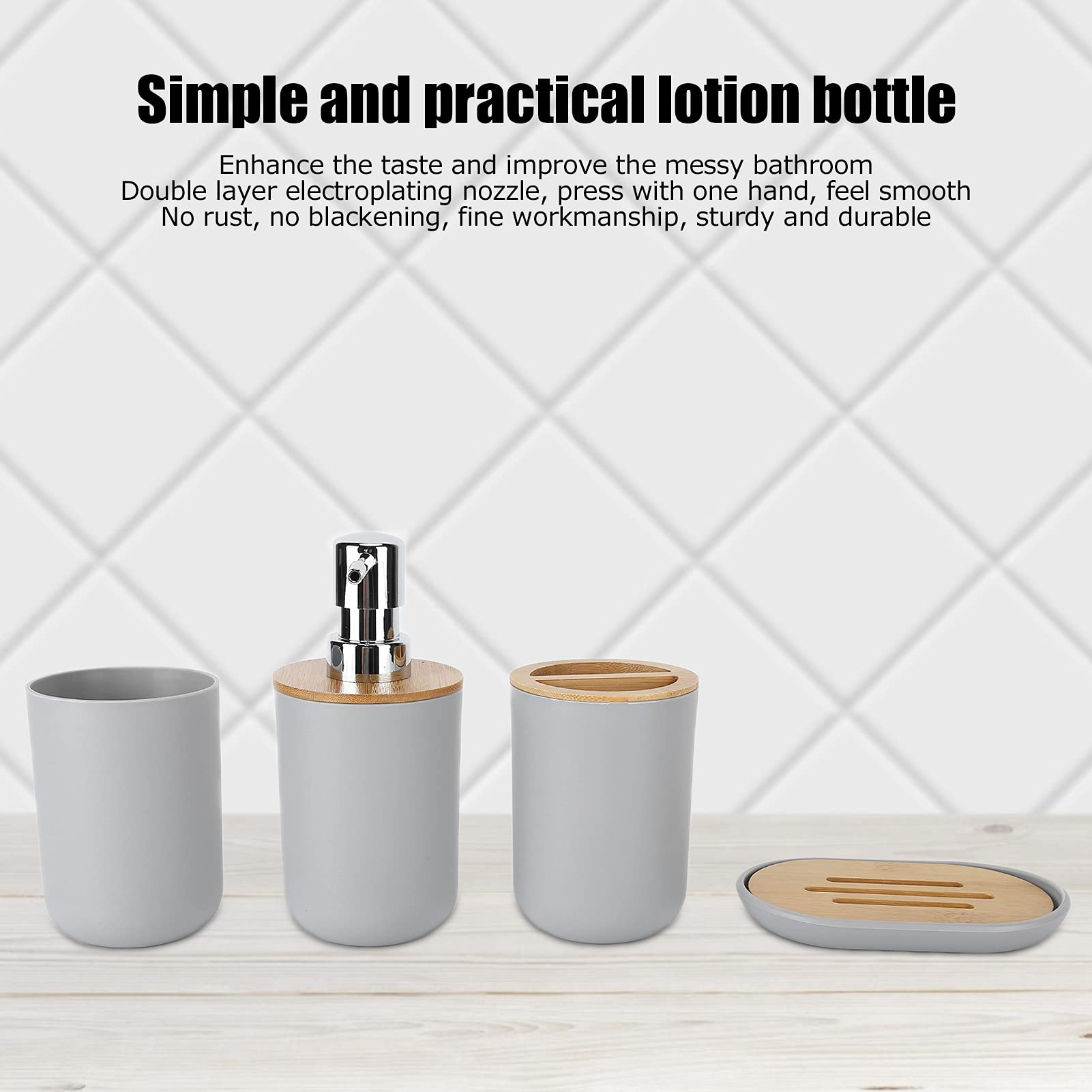 Set di 4 accessori da bagno in bambù: portaspazzolino impermeabile, porta sapone, dispenser per lozione e bicchiere per il colluttorio; set da bagno dal design moderno e liscio, (Grigio)
